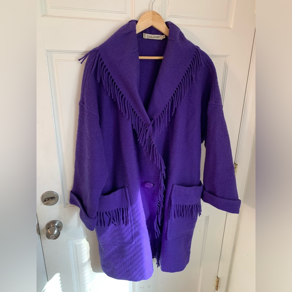 Vintage 80s 90s Gallery 100% Wool Purple Oversized Fringe Blanket Coat M